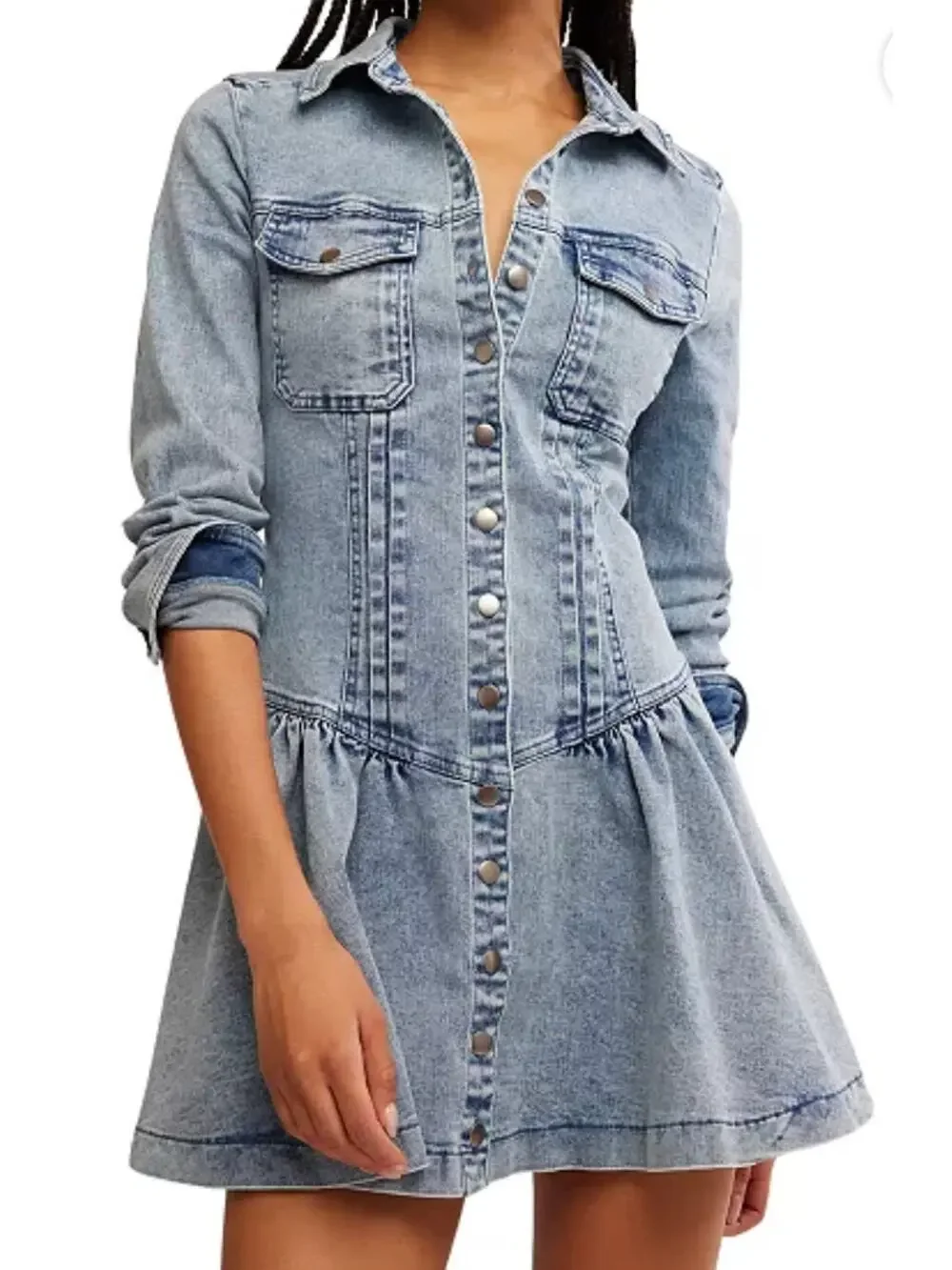 Free People Roadhouse Button-Front Denim Mini Dress Light Wash Western Boho LG